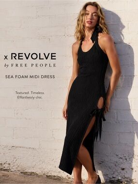 Free People x REVOLVE Sea Foam Textured Midi Tie Halter Dress Beach Side Slit
